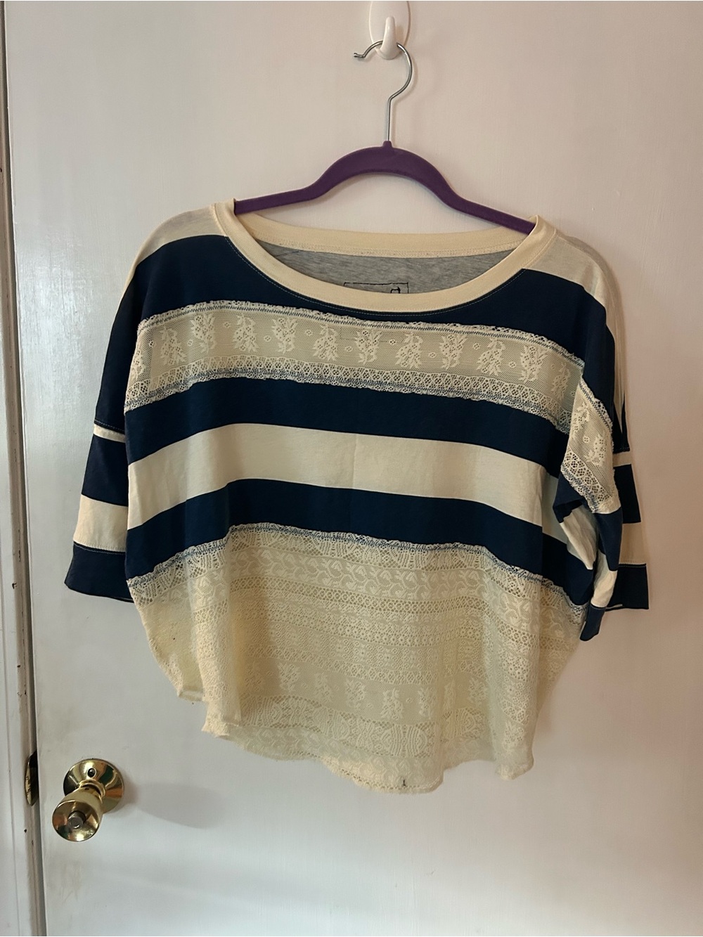 We The Free Navy and Cream Striped Lace-Trim Boxy Tunic